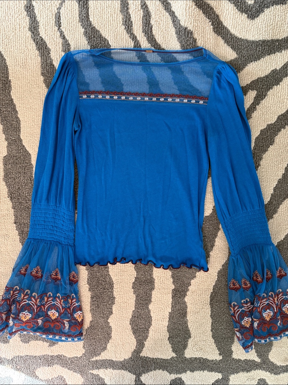 Free People Cobalt Blue Embroidered Bell Sleeve Top